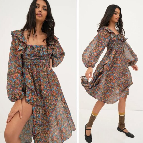 NEW For Love And Lemons Brittany Midi Dress Floral Bohemian Cottagecore Prairie - Picture 1 of 14